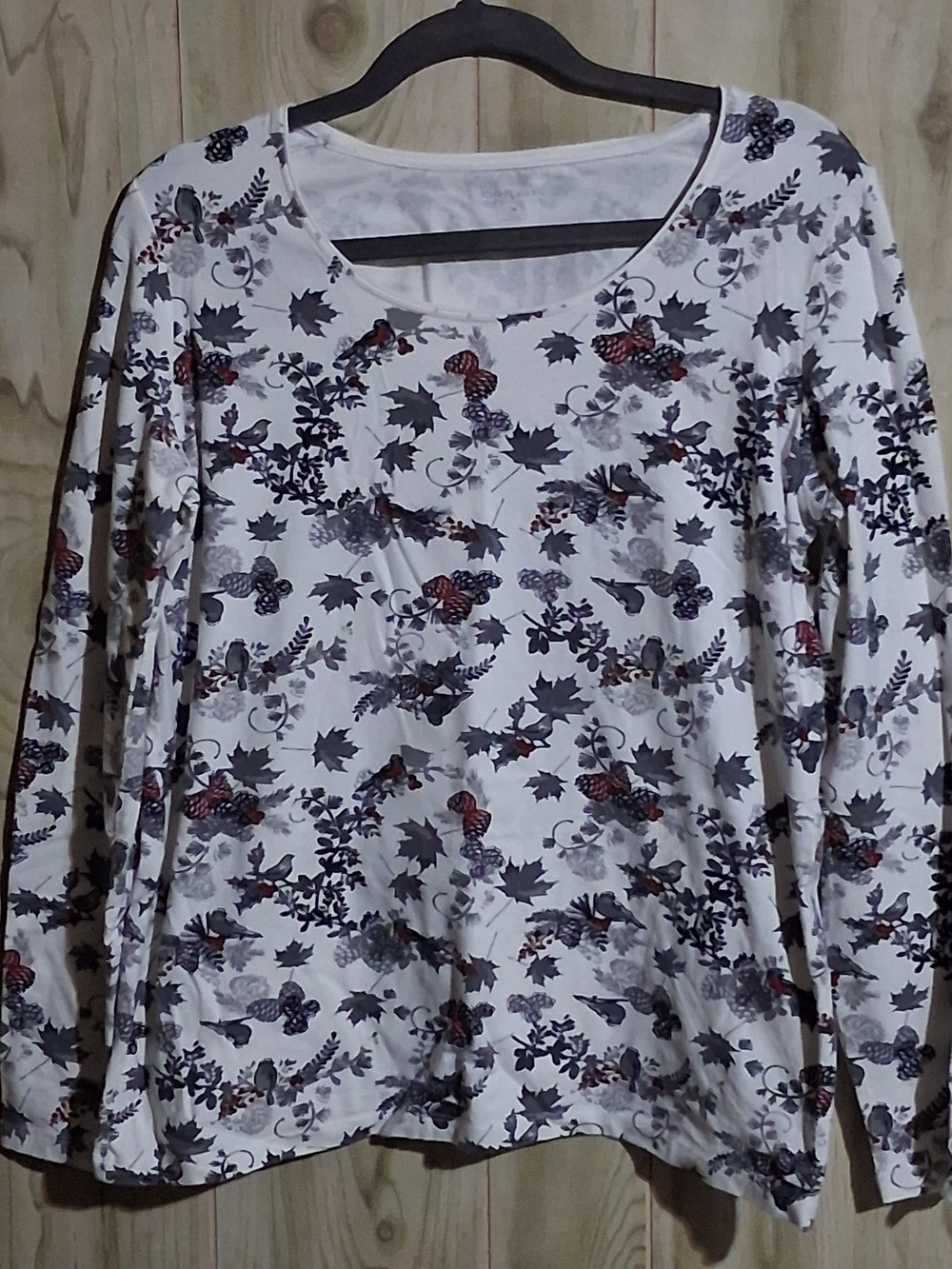 Kim Rogers White Long-Sleeve Tee with Gray and Burgundy Floral Print